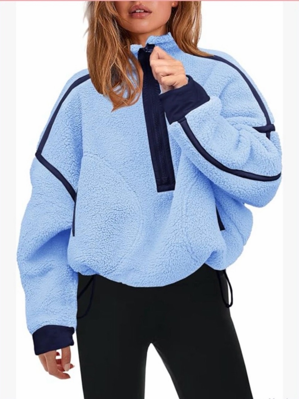 Free People Light Blue Sherpa Pullover with Navy Trim